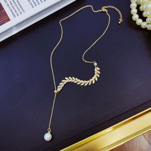 Gold Plated Wheat Leaf Pearl Tassel Dangle Chain Necklace Women's Party Gift